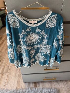 Solitaire Teal Embroidered Boho Tunic with White Accents